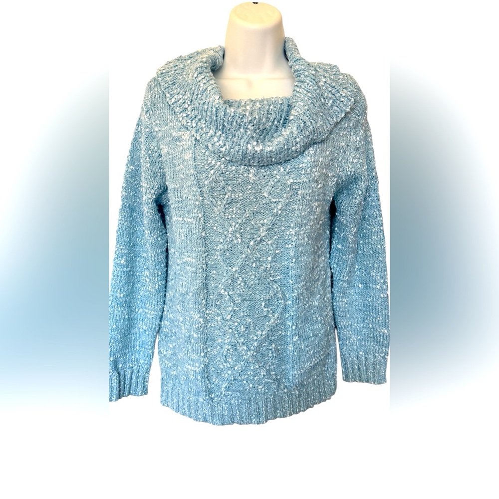 Blue Ribbon Knit SWEATER Cowl Neck Cable Relaxed Fit Casual Cozy